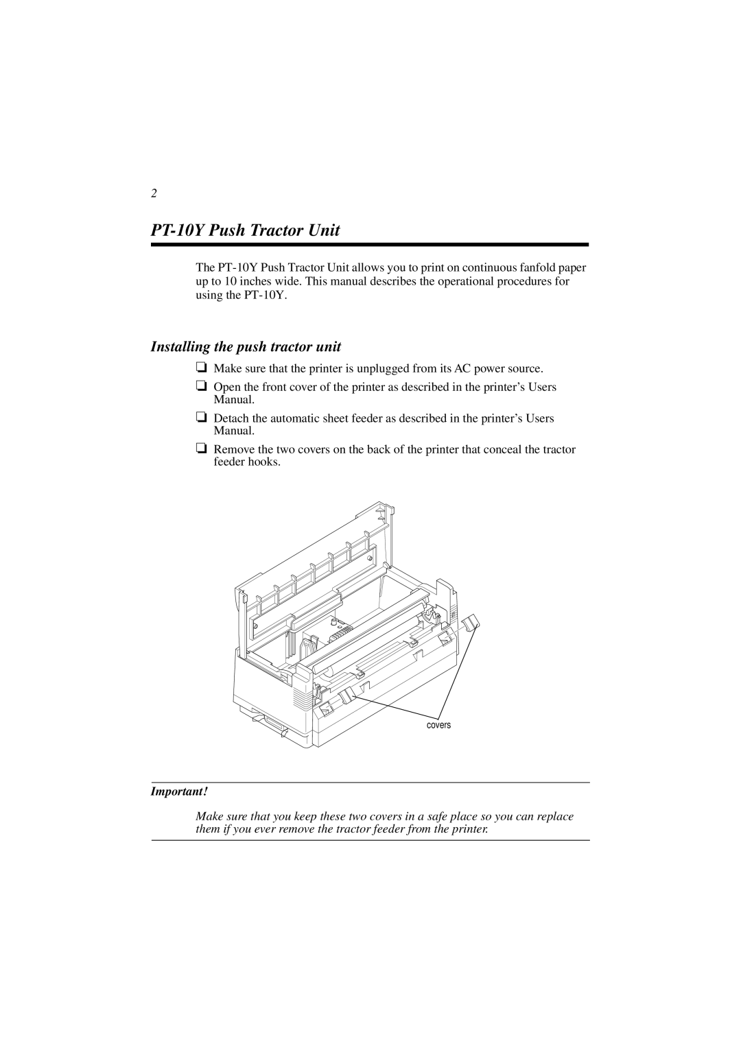 Star Micronics user manual PT-10Y Push Tractor Unit, Installing the push tractor unit 