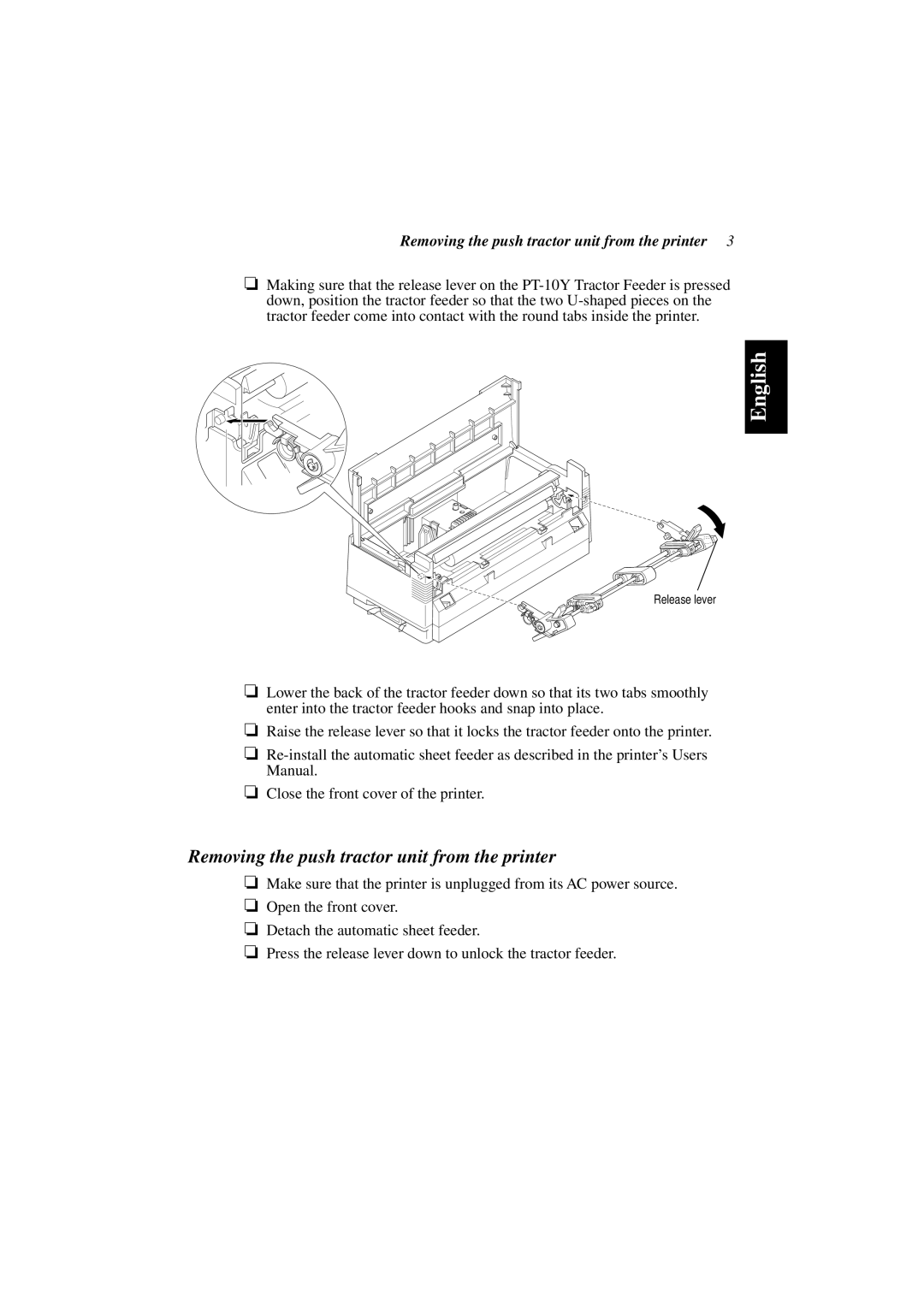 Star Micronics PT-10Y user manual Removing the push tractor unit from the printer 