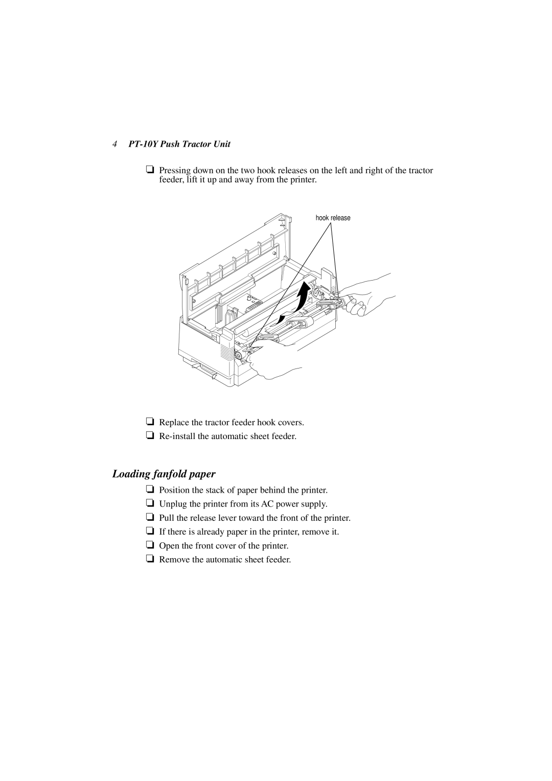 Star Micronics user manual Loading fanfold paper, PT-10Y Push Tractor Unit 