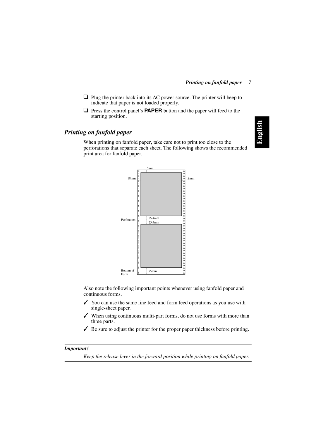 Star Micronics PT-10Y user manual Printing on fanfold paper 