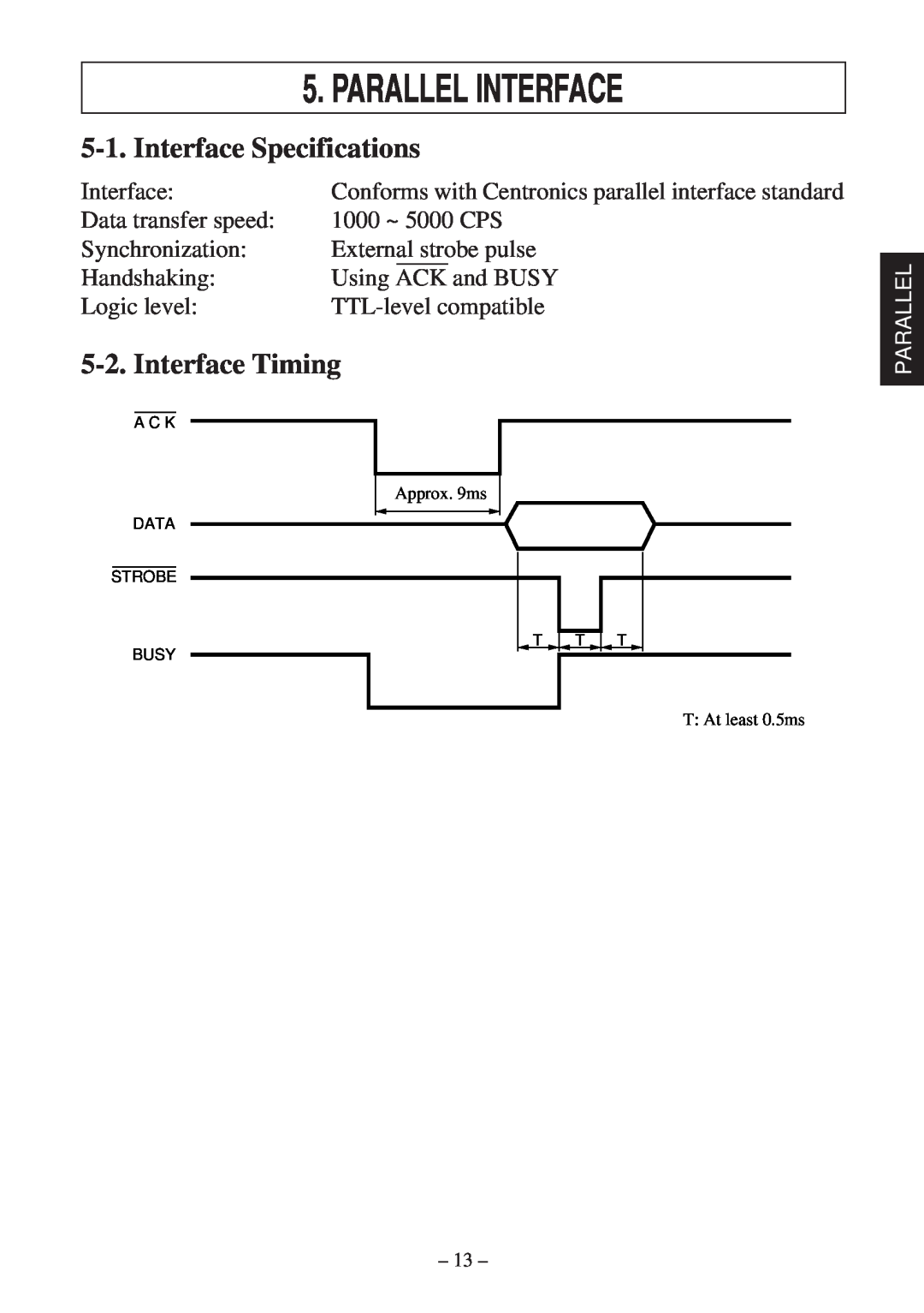 Star Micronics RS232 manual Parallel Interface, Interface Specifications, Interface Timing 
