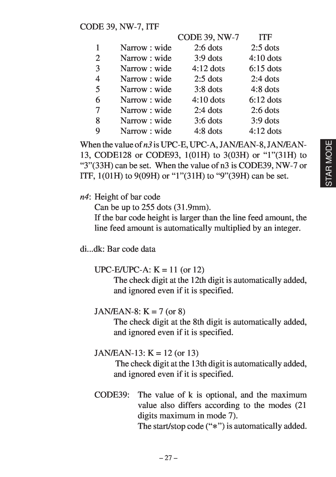 Star Micronics RS232 manual CODE 39, NW-7 