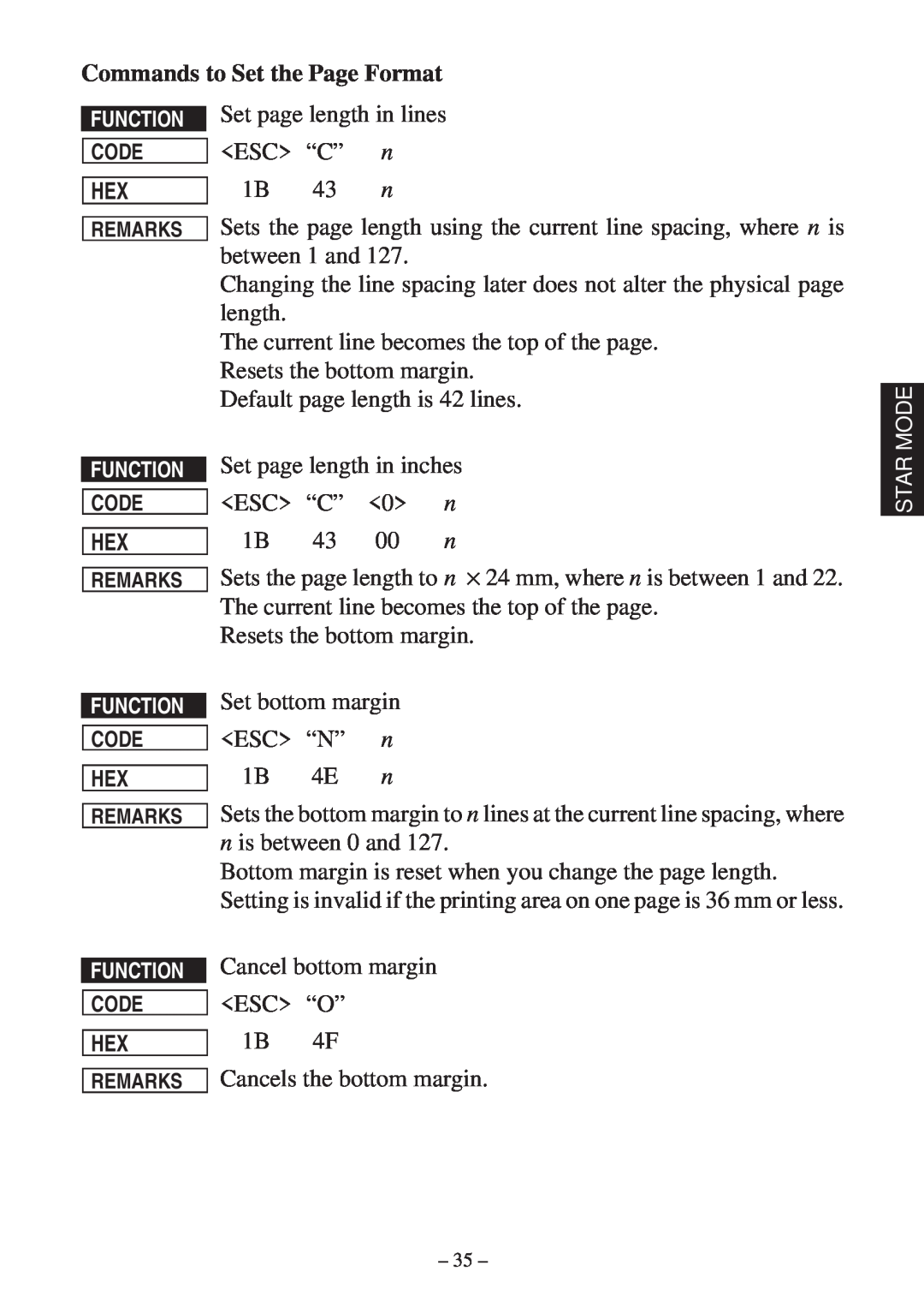 Star Micronics RS232 manual Commands to Set the Page Format 