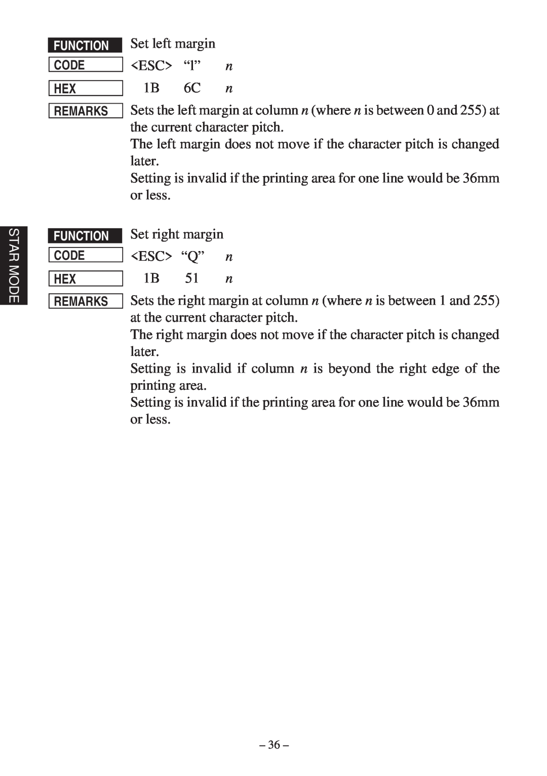 Star Micronics RS232 manual Set left margin ESC “l” n 1B 6C n 