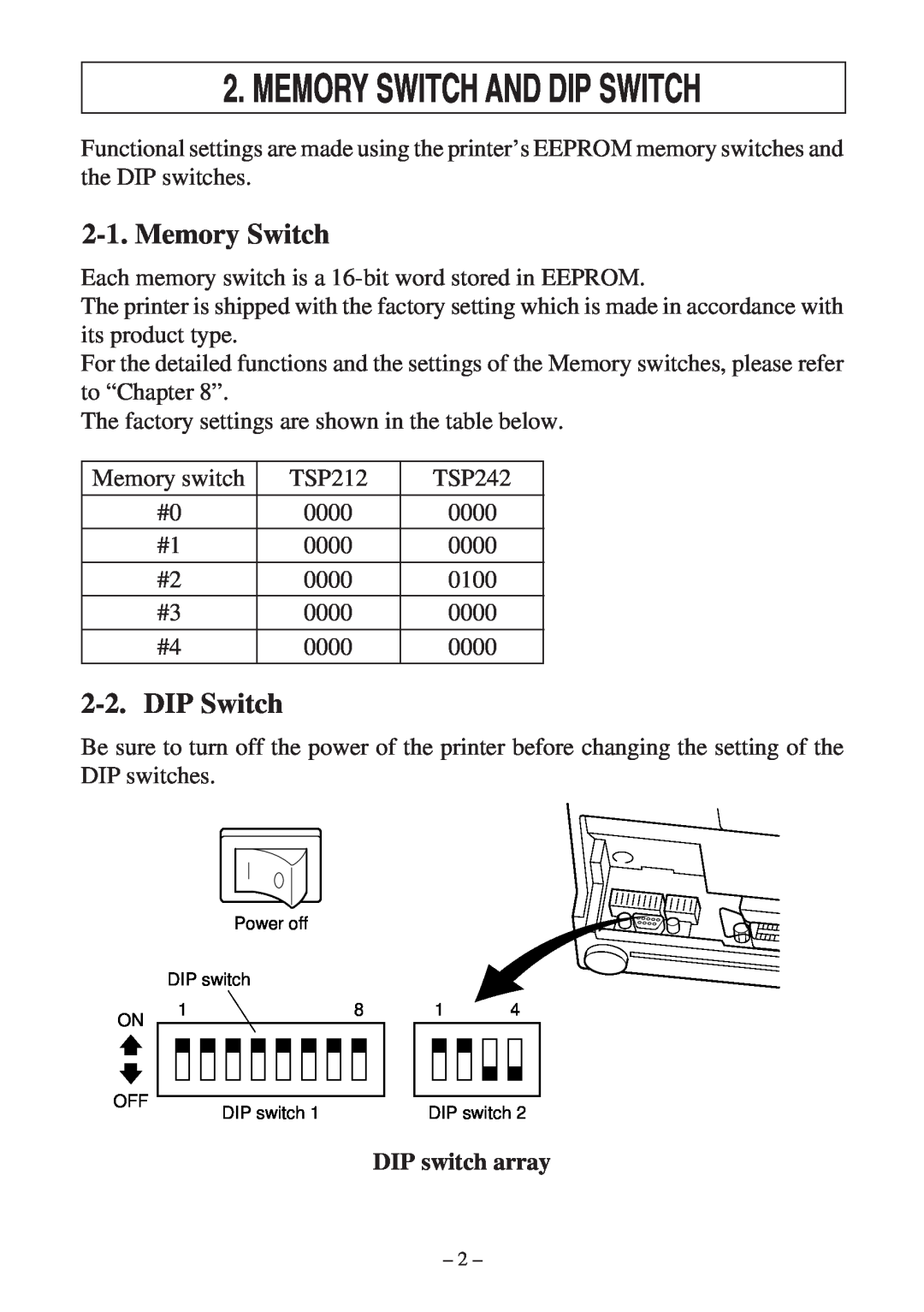 Star Micronics RS232 manual Memory Switch And Dip Switch, DIP Switch, DIP switch array 