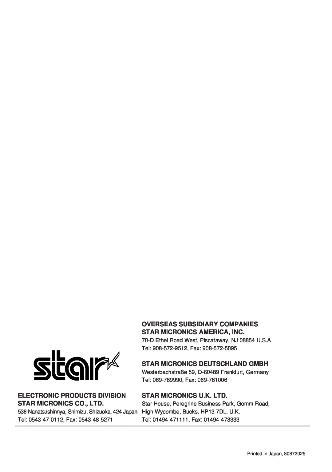 Star Micronics RS232 manual Overseas Subsidiary Companies, Star Micronics America, Inc, Star Micronics Deutschland Gmbh 