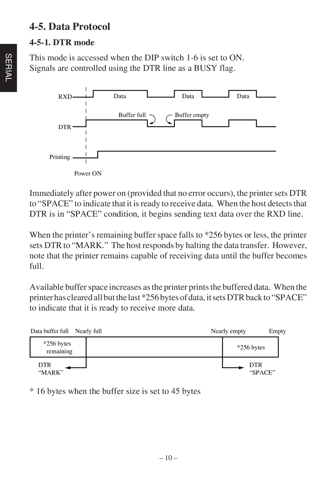 Star Micronics RS232 manual Data Protocol, DTR mode, Bytes when the buffer size is set to 45 bytes 