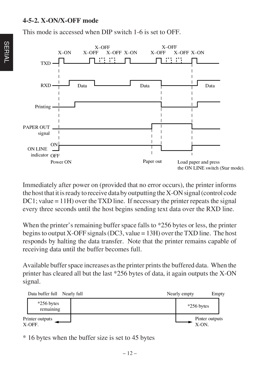 Star Micronics RS232 manual ON/X-OFF mode, This mode is accessed when DIP switch 1-6 is set to OFF 