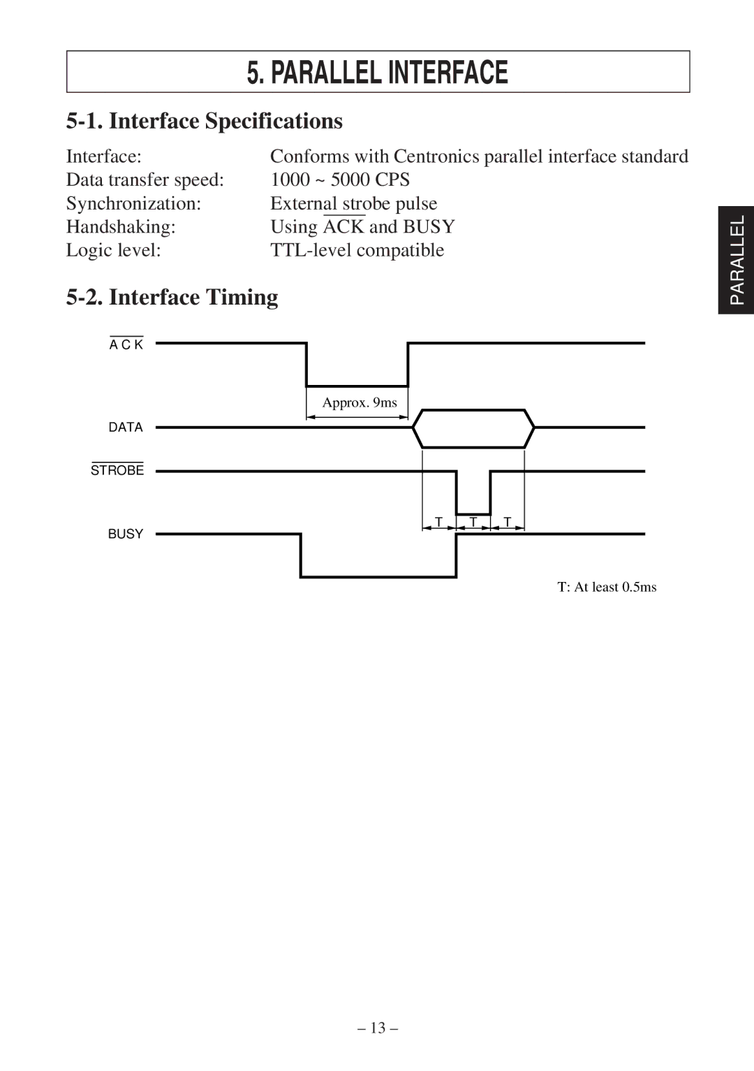 Star Micronics RS232 manual Parallel Interface, Interface Timing 