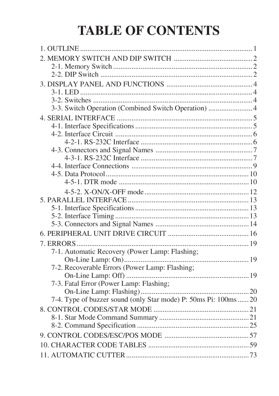 Star Micronics RS232 manual Table of Contents 