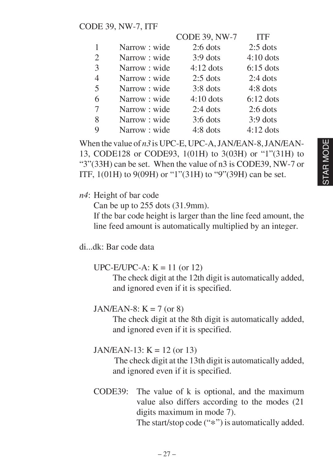 Star Micronics RS232 manual Code 39, NW-7, ITF, Narrow wide Dots 