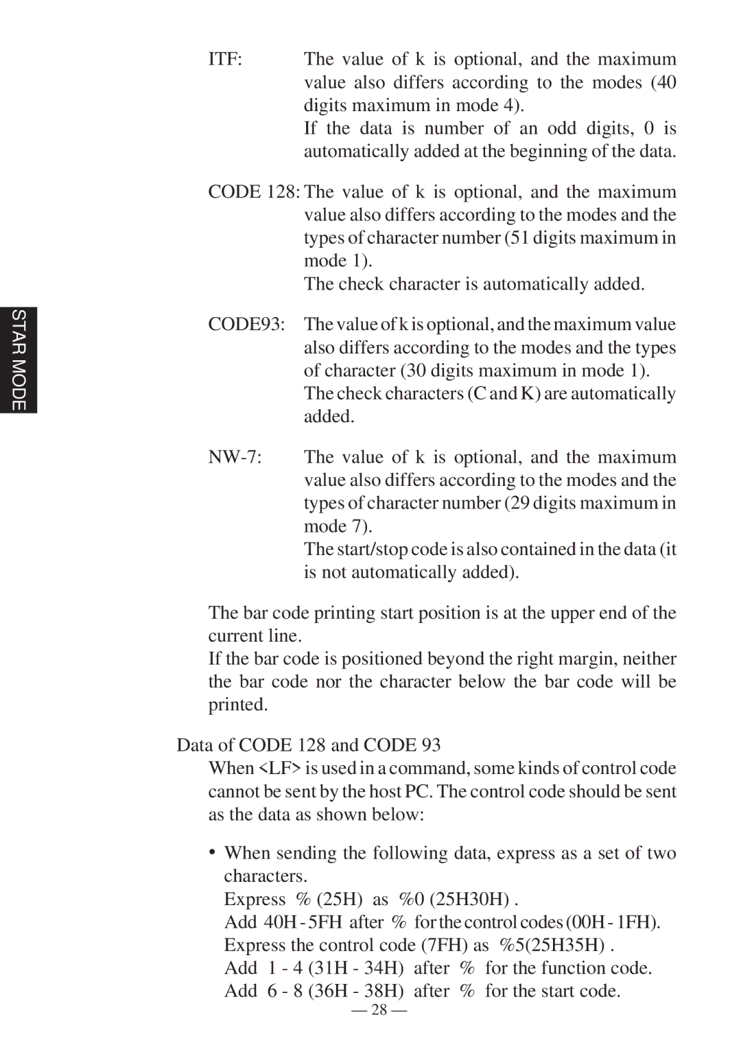 Star Micronics RS232 manual Value of k is optional, and the maximum, Value also differs according to the modes 