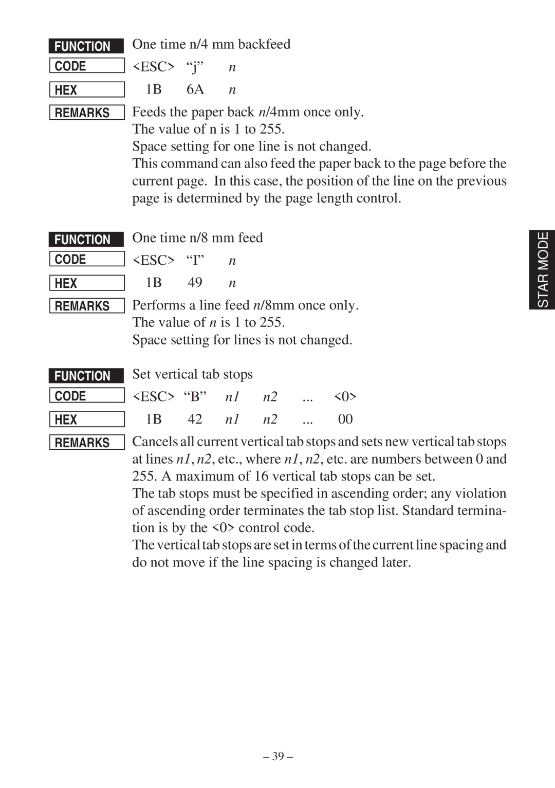 Star Micronics RS232 manual One time n/4 mm backfeed, One time n/8 mm feed, Set vertical tab stops 