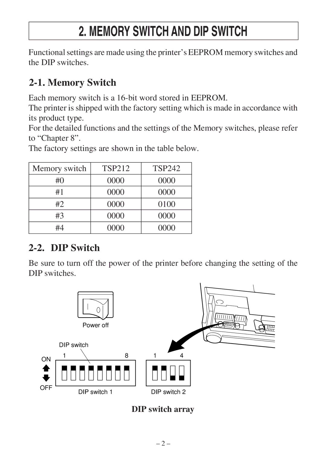 Star Micronics RS232 manual Memory Switch, DIP Switch, DIP switch array 