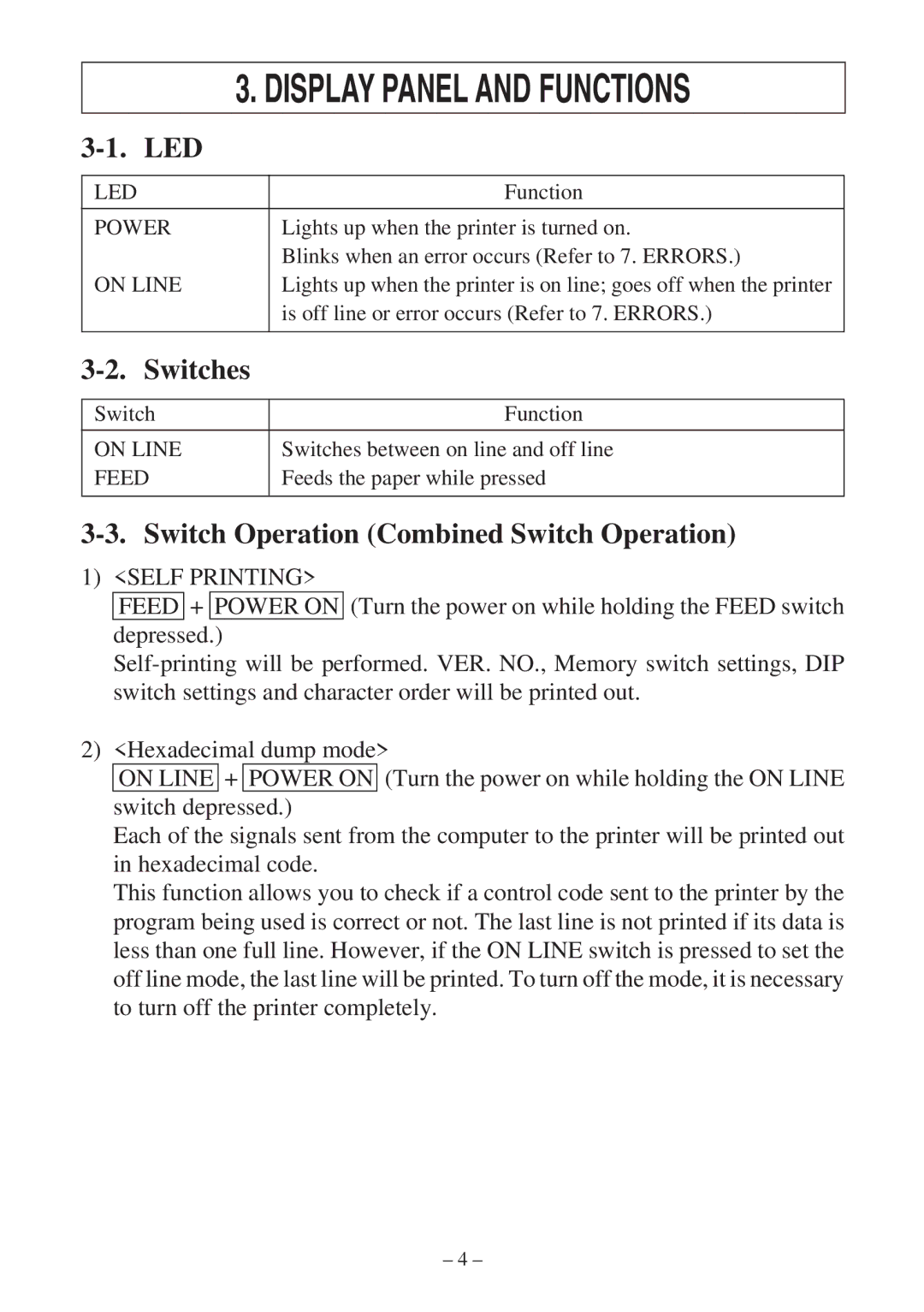 Star Micronics RS232 manual Led, Switches, Switch Operation Combined Switch Operation 