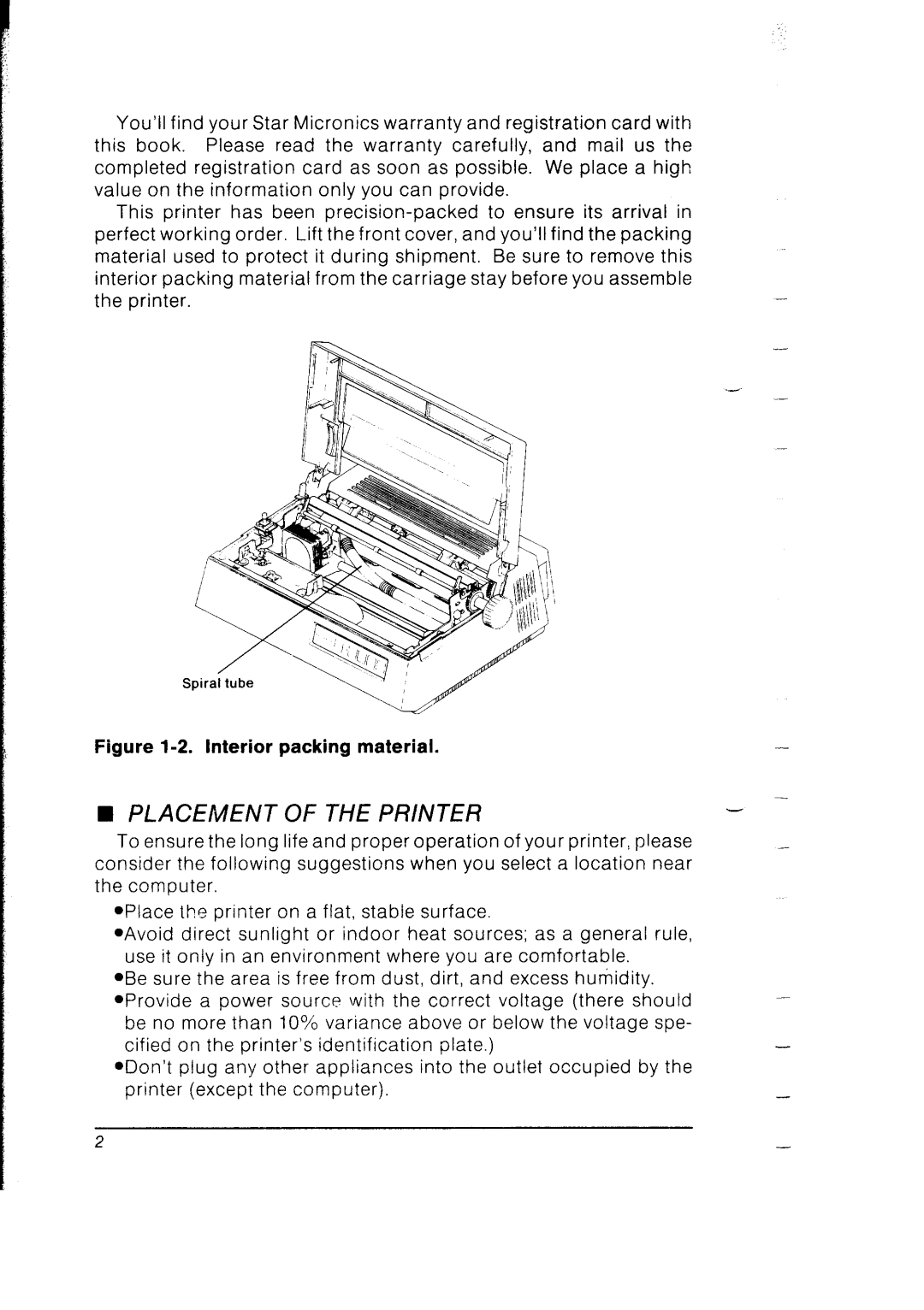 Star Micronics SB-10 user manual Placement of the Printer, Interior packing material 