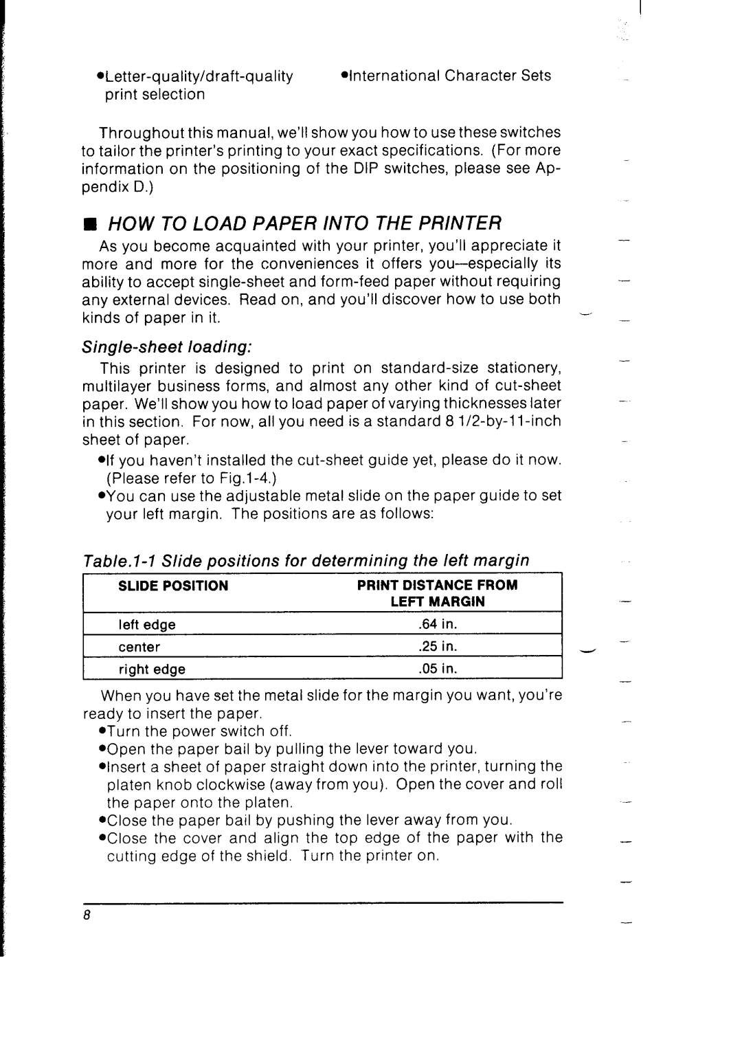 Star Micronics SB-10 user manual Sing/e-sheet loading, Table.l-1 Slide positions for determining the left margin 