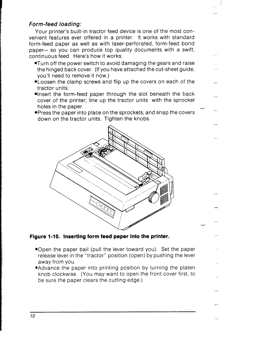 Star Micronics SB-10 user manual Form-feed loading, Figure l-10. Inserting form feed paper into the printer 