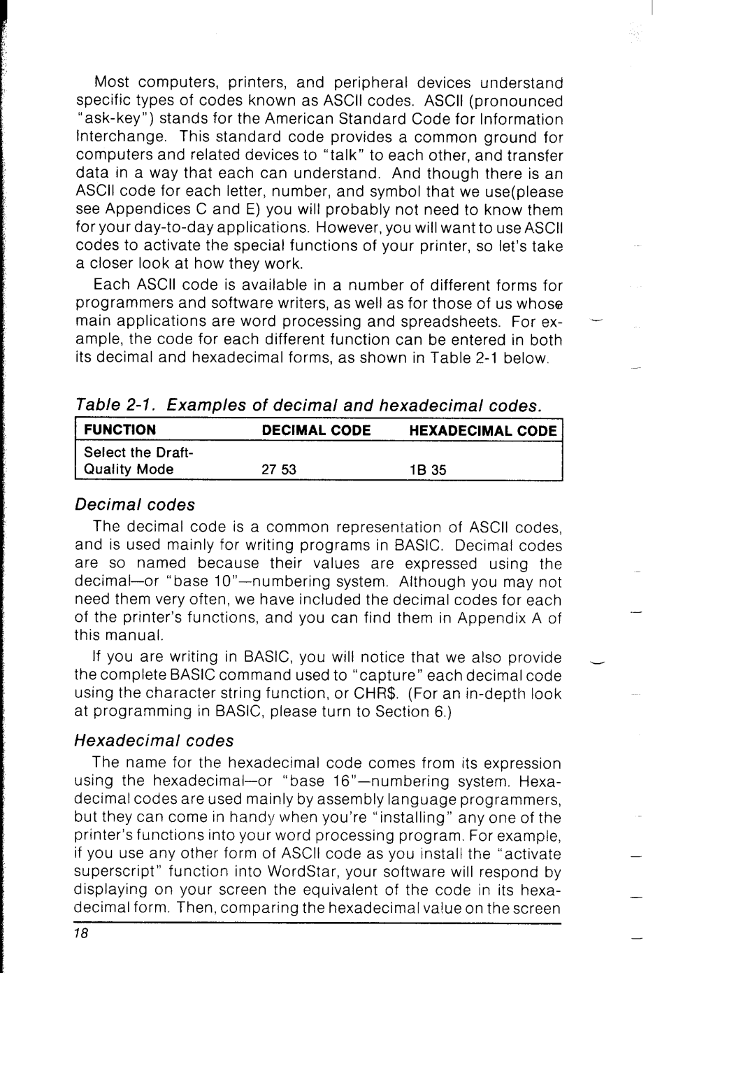 Star Micronics SB-10 user manual Examples of decimal and hexadecimal codes, Decimal codes, Hexadecimal codes 