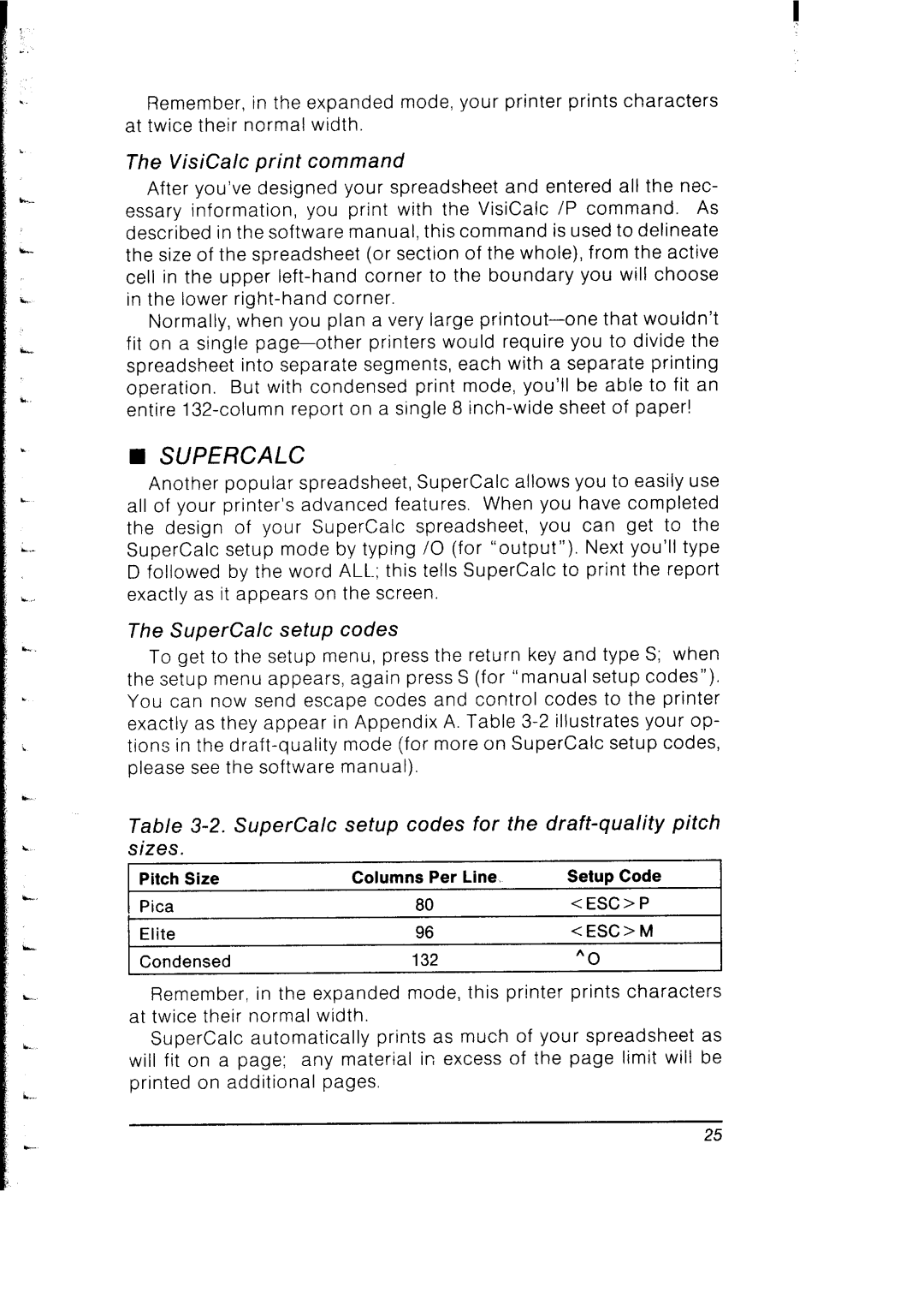 Star Micronics SB-10 user manual Supercalc, VisiCalc print command, SuperCalc setup codes 