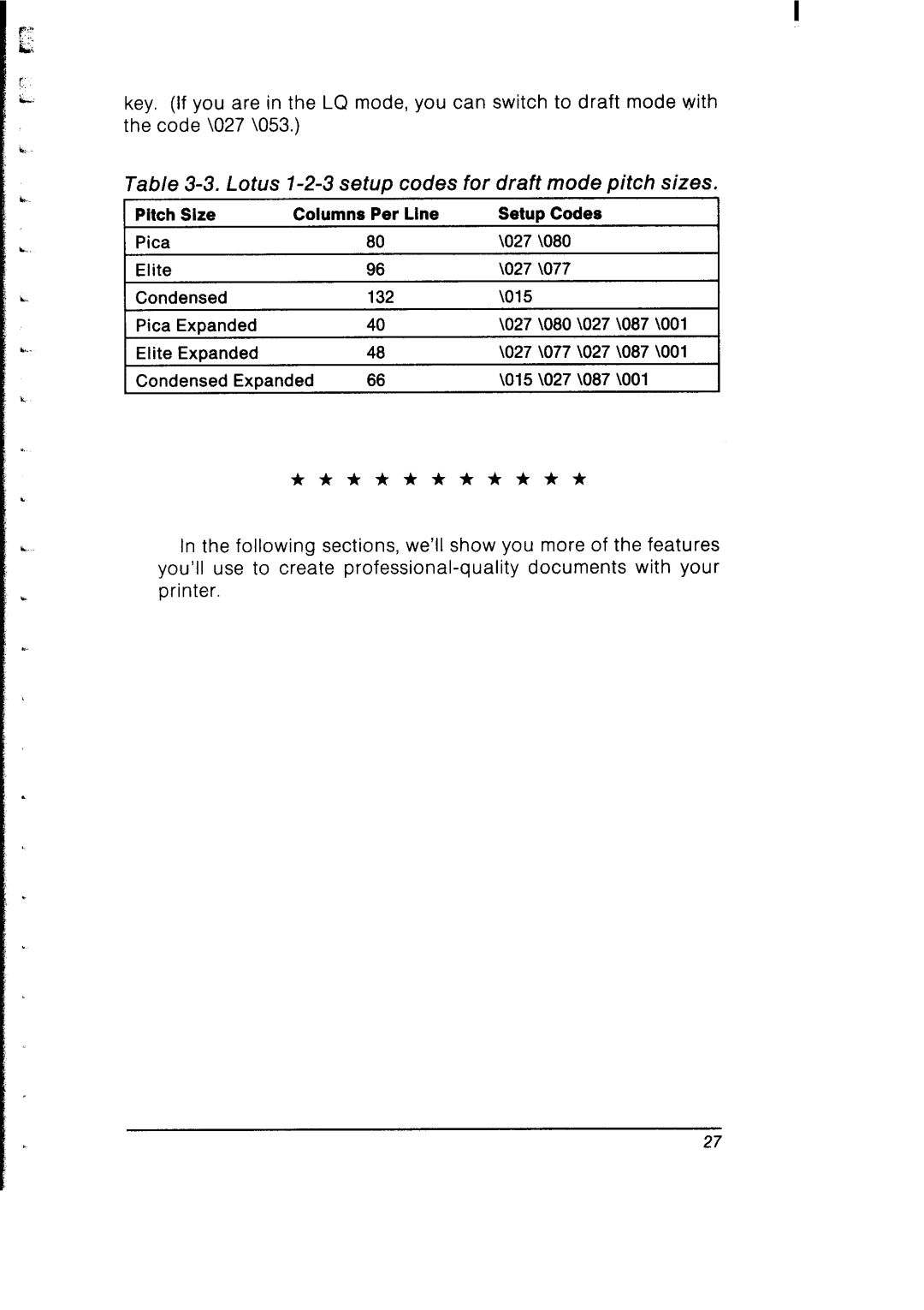 Star Micronics SB-10 user manual Lotus l-2-3 setup codes for draft mode pitch sizes 