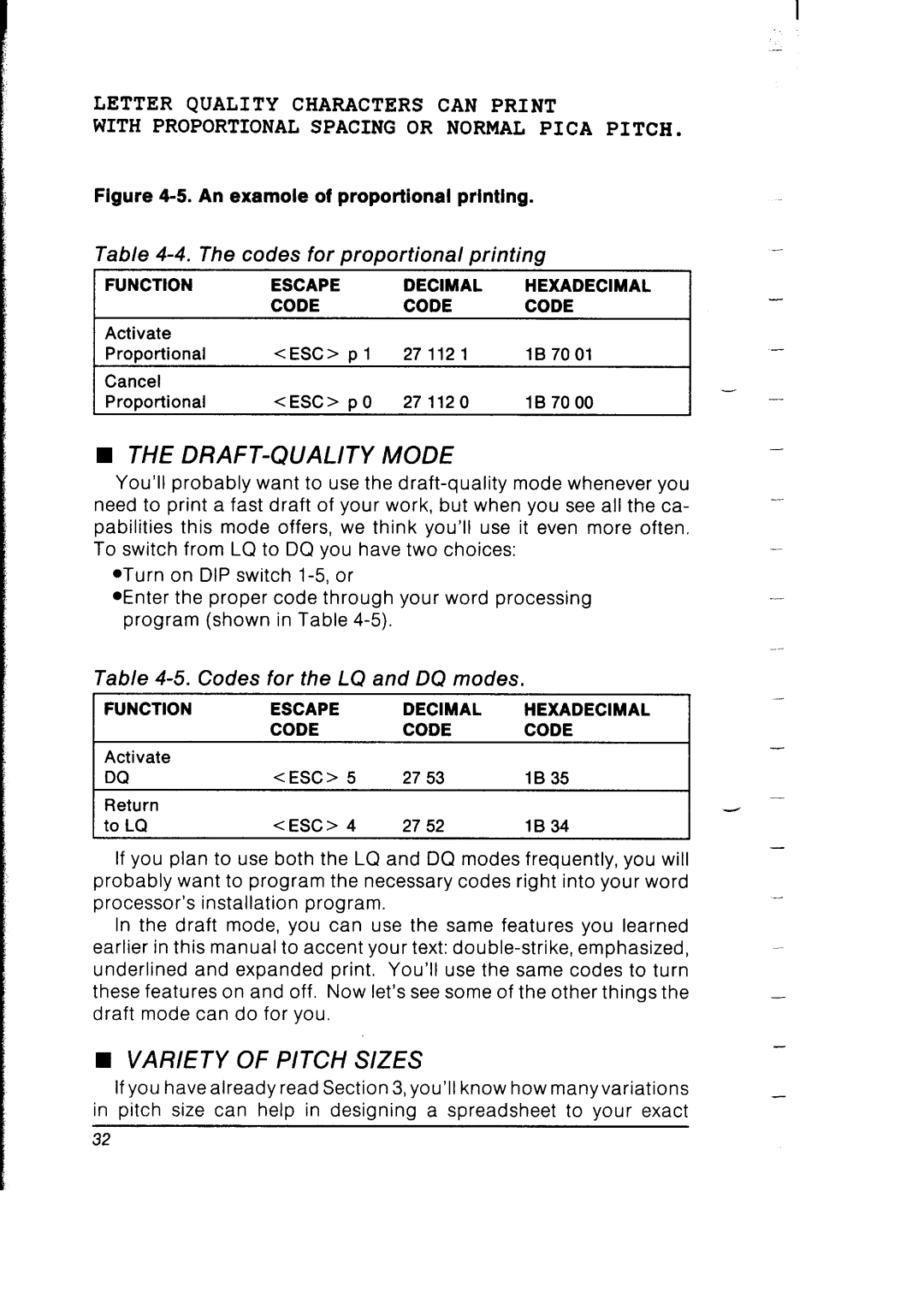 Star Micronics SB-10 user manual DRAFT-QUALITY Mode, Variety of Pitch Sizes, Codes for proportional printing 