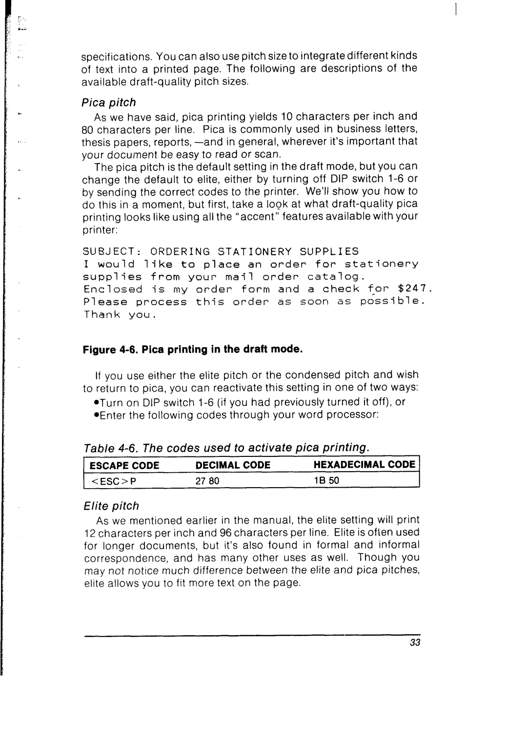 Star Micronics SB-10 user manual Pica pitch, Codes used to activate pica printing, Elite pitch 