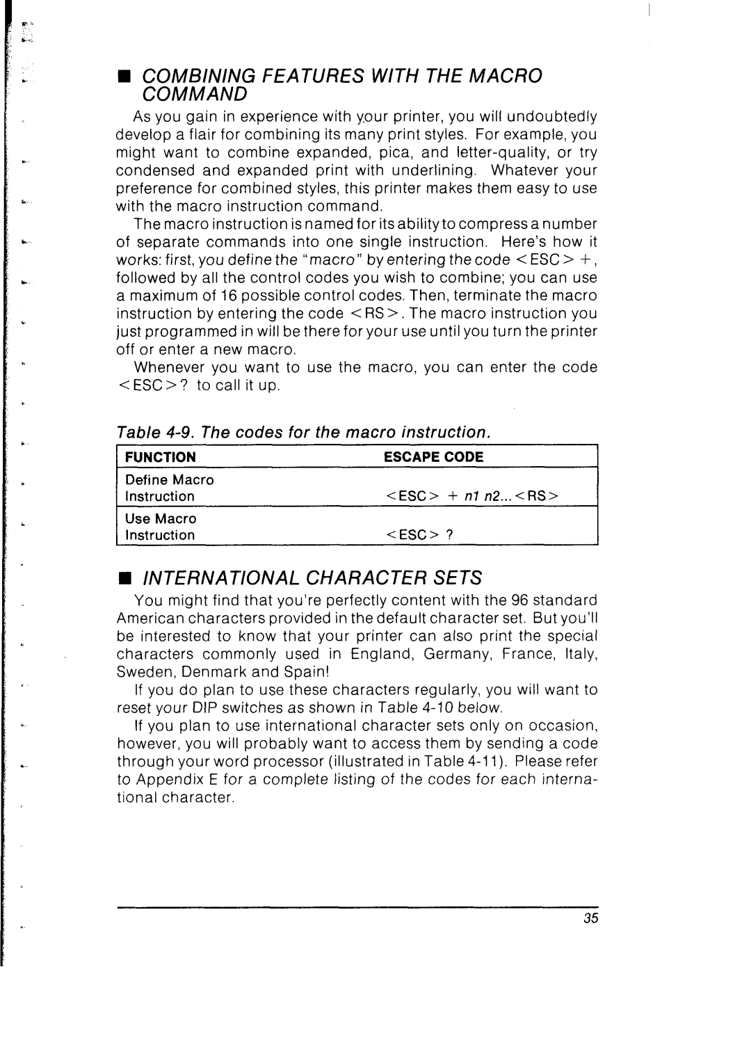 Star Micronics SB-10 ~M311~NDG Features with the Macro, International Character Sets, Codes for the macro instruction 