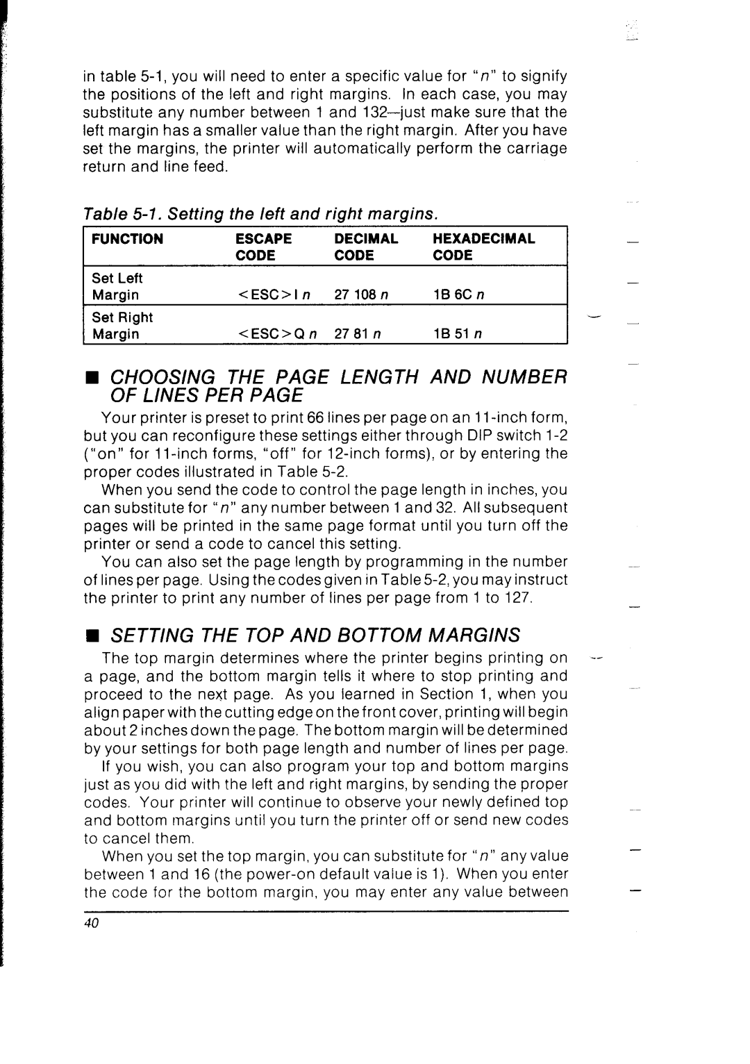 Star Micronics SB-10 user manual Choosing the page Length and Number of Lines PER, Setting the left and right margins 