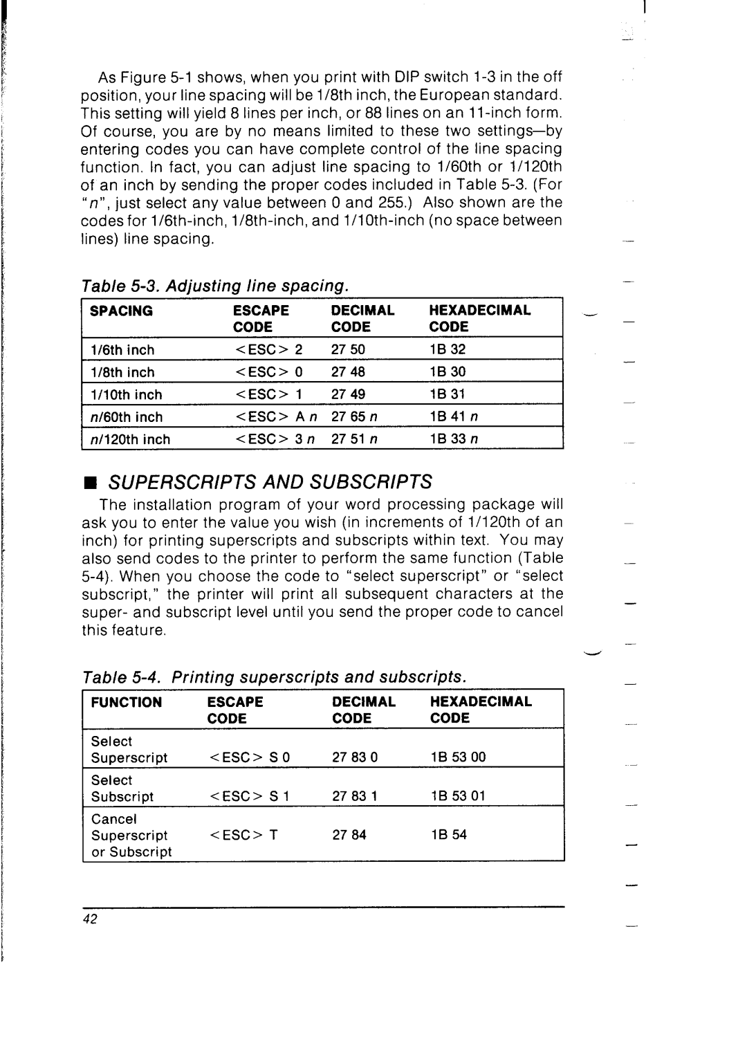 Star Micronics SB-10 user manual Superscripts and Subscripts, Adjusting line spacing, Printing superscripts Subscripts 