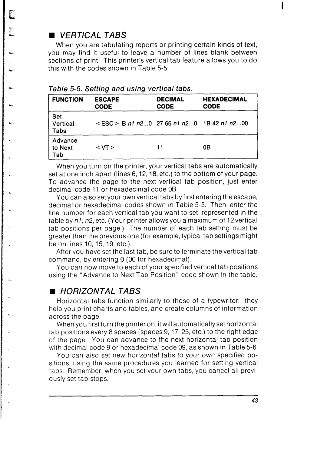 Star Micronics SB-10 user manual Vertical Tabs, Horizontal Tabs, Setting and using vertical tabs 