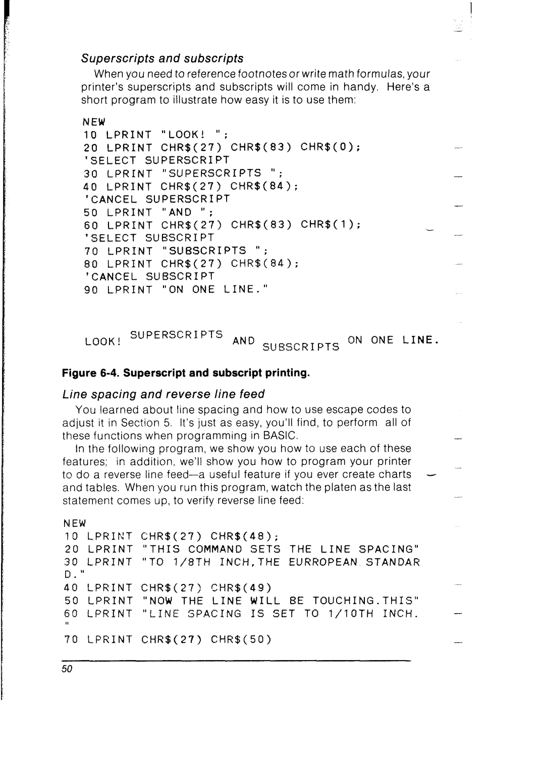 Star Micronics SB-10 user manual Superscripts and subscripts, Line spacing and reverse line feed 