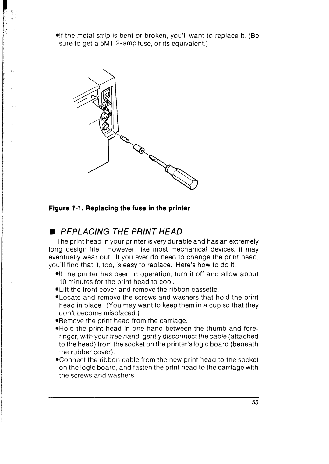 Star Micronics SB-10 user manual Replacing the Print Head, Replacing the fuse in the printer 