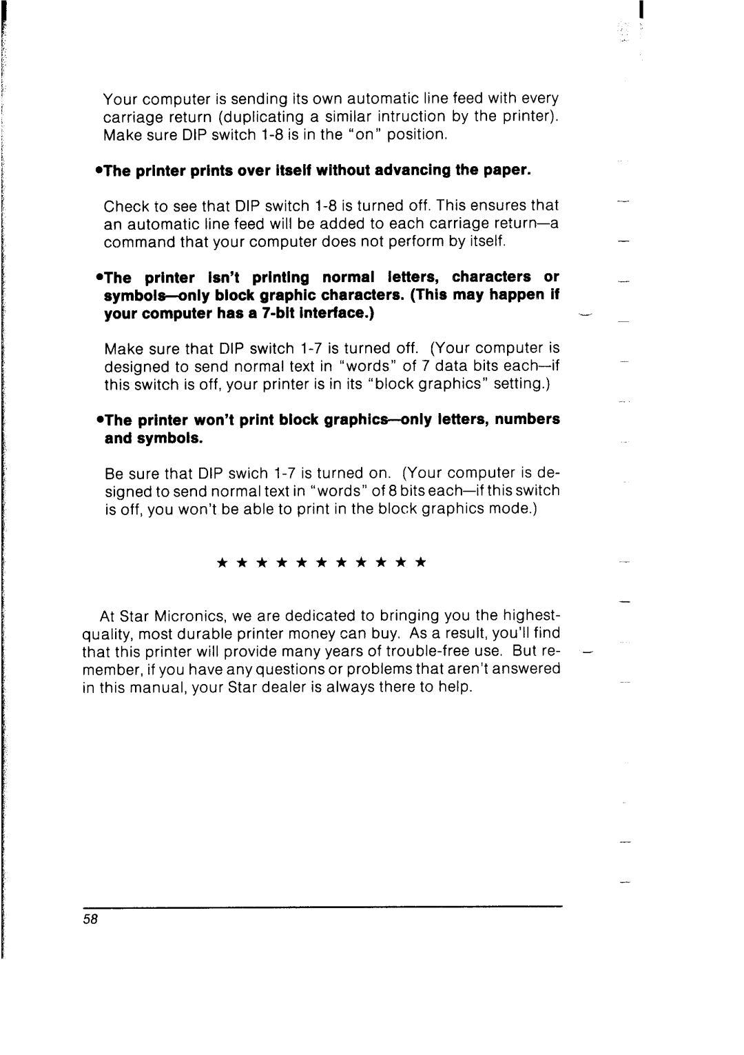 Star Micronics SB-10 user manual Printer prints over Itself without advancing the paper 