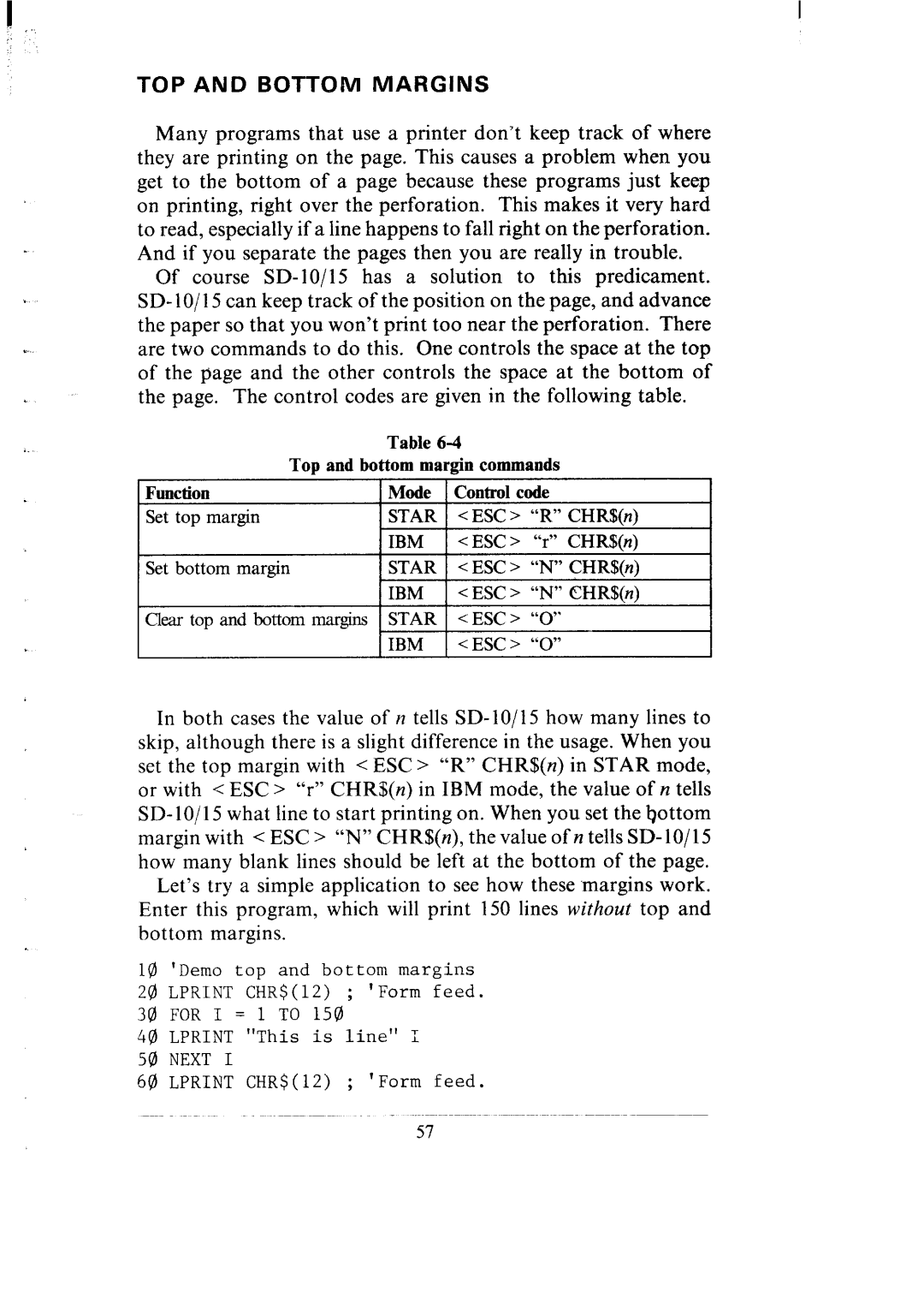 Star Micronics SB-15 user manual TOP and Bottom Margi NS, Set bottom margin, ESC CHR$n 