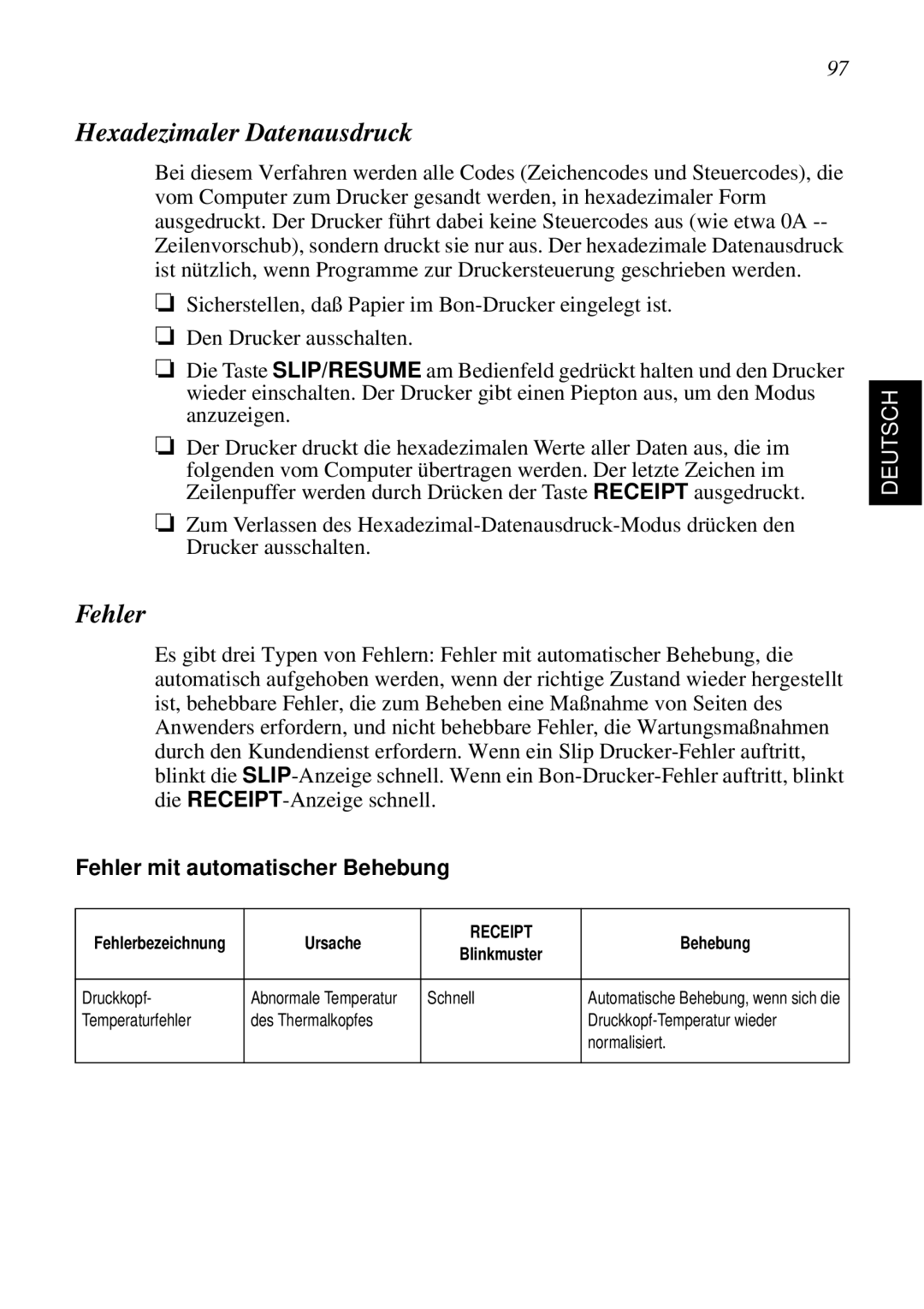 Star Micronics SCP700 user manual Hexadezimaler Datenausdruck, Fehler mit automatischer Behebung 