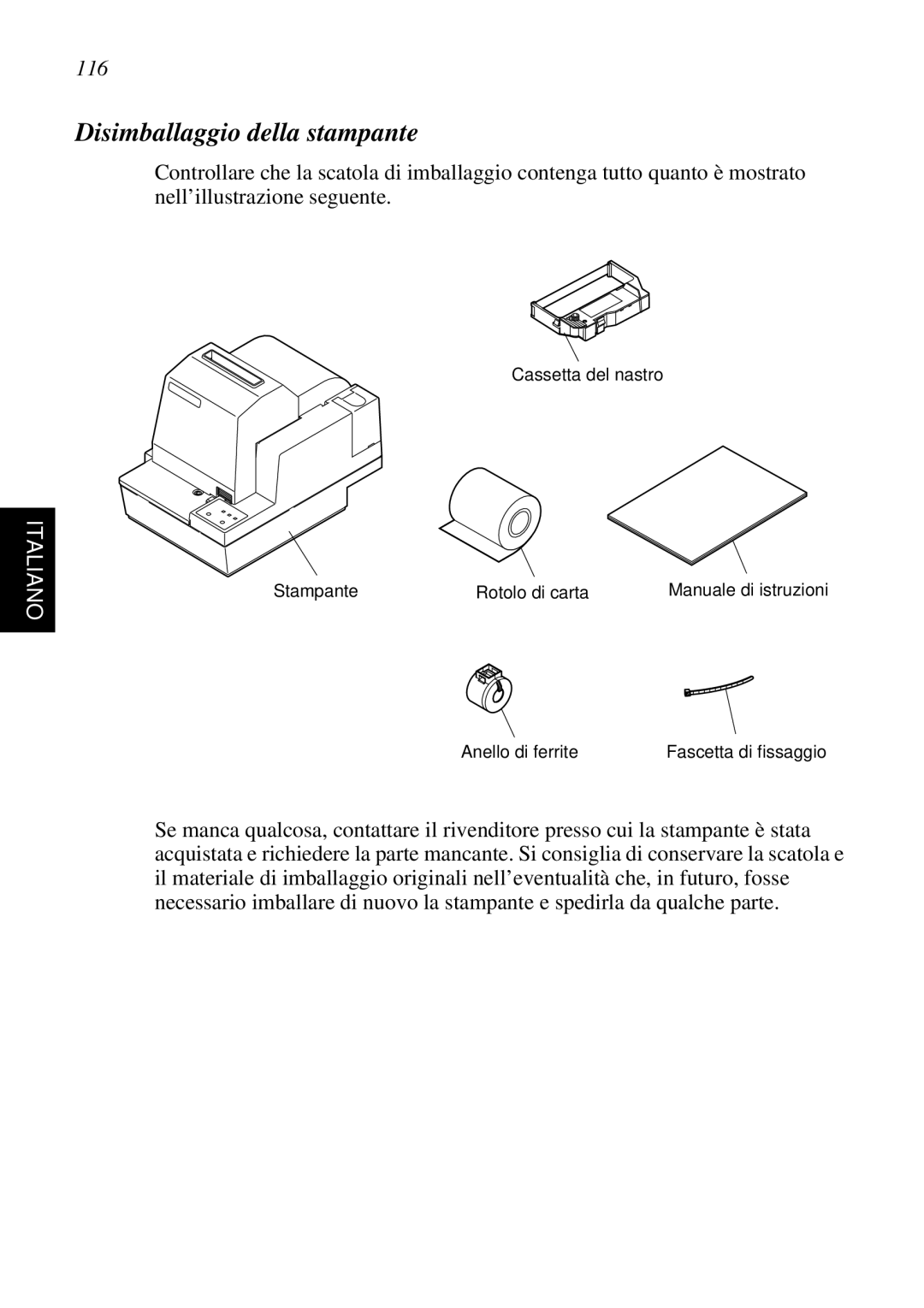 Star Micronics SCP700 user manual Disimballaggio della stampante, 116 