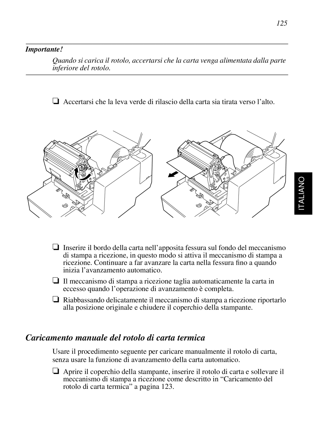 Star Micronics SCP700 user manual Caricamento manuale del rotolo di carta termica, 125 