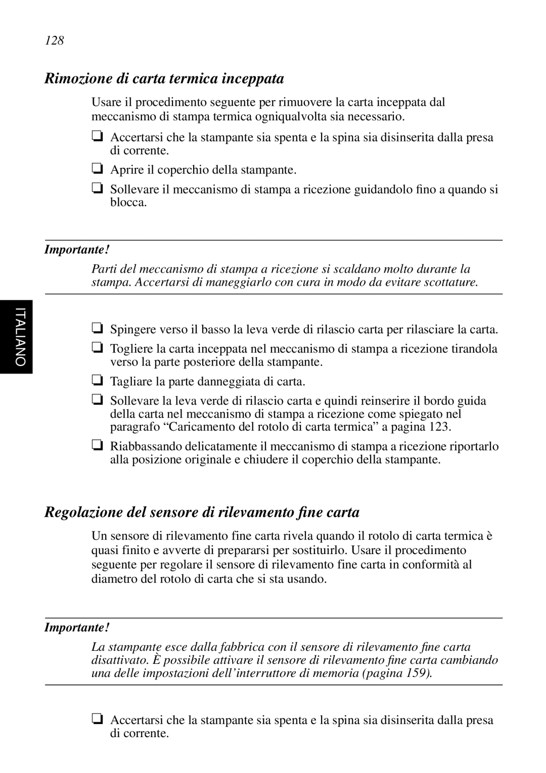 Star Micronics SCP700 Rimozione di carta termica inceppata, Regolazione del sensore di rilevamento ﬁne carta, 128 