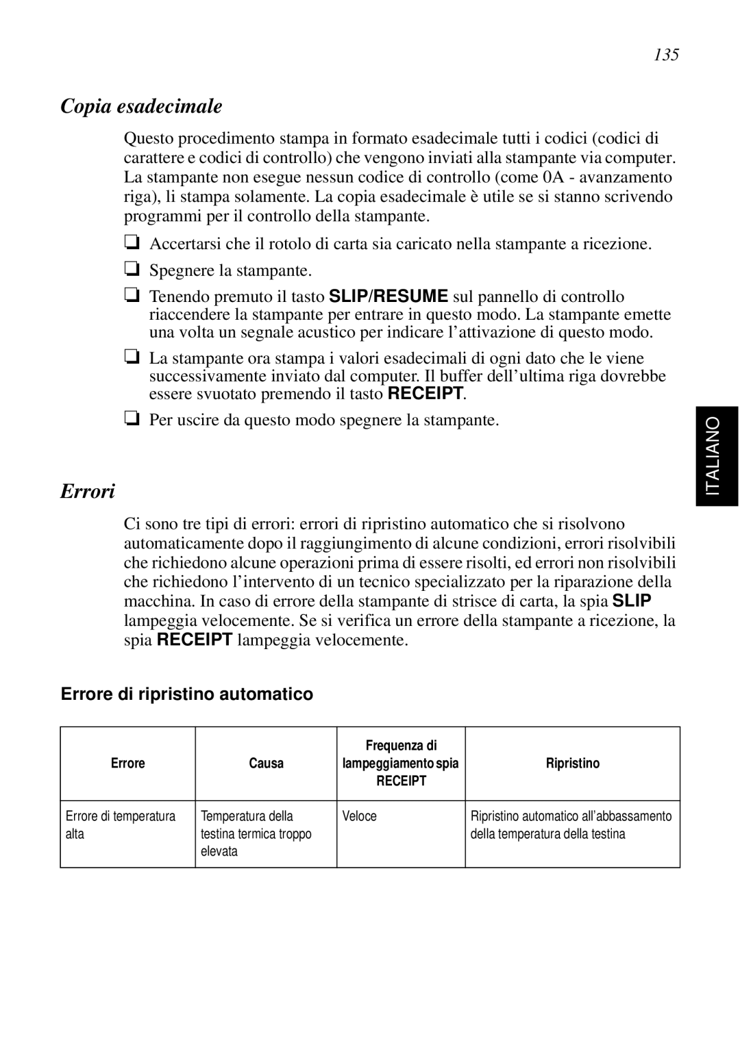 Star Micronics SCP700 user manual Copia esadecimale, Errori, 135, Errore di ripristino automatico 