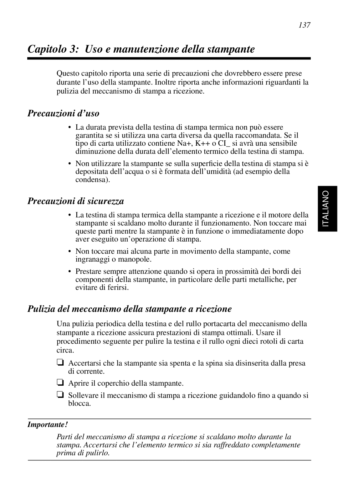 Star Micronics SCP700 Capitolo 3 Uso e manutenzione della stampante, Precauzioni d’uso, Precauzioni di sicurezza, 137 