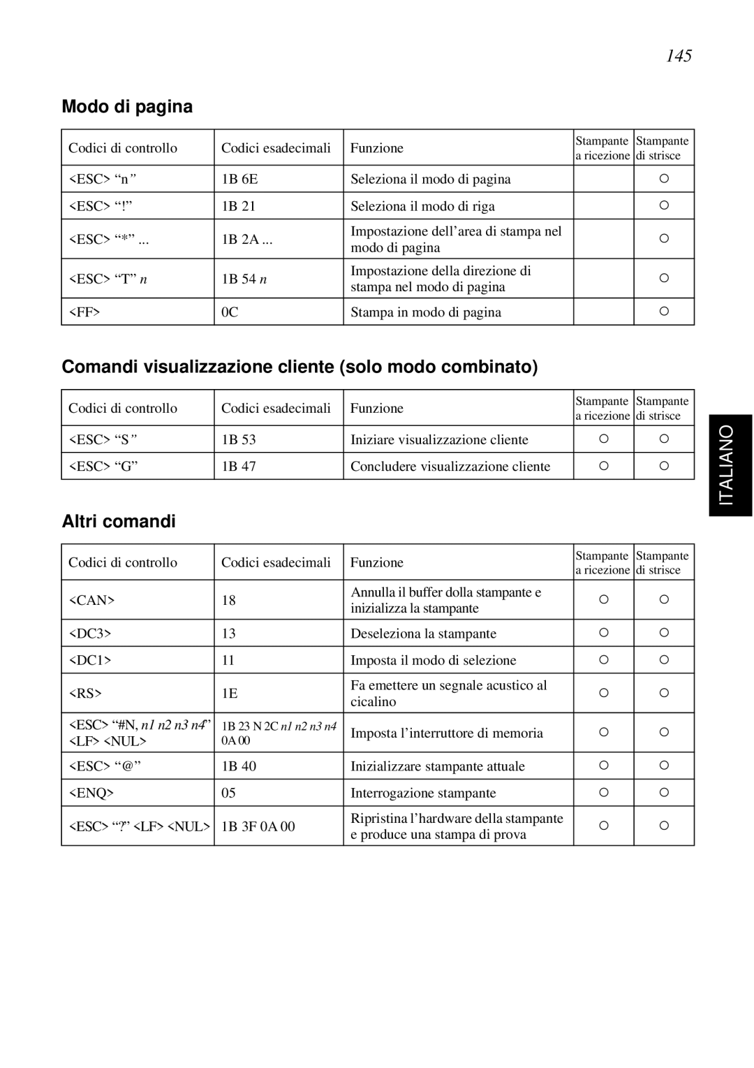 Star Micronics SCP700 user manual 145, Modo di pagina, Comandi visualizzazione cliente solo modo combinato, Altri comandi 