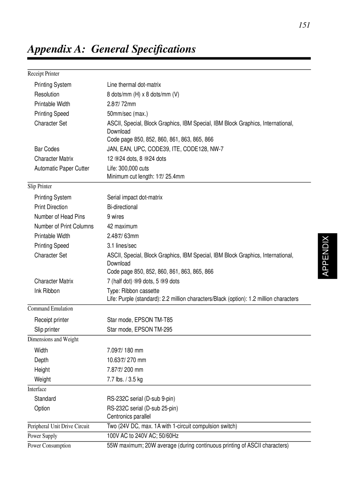 Star Micronics SCP700 user manual Appendix a General Speciﬁcations, 151 