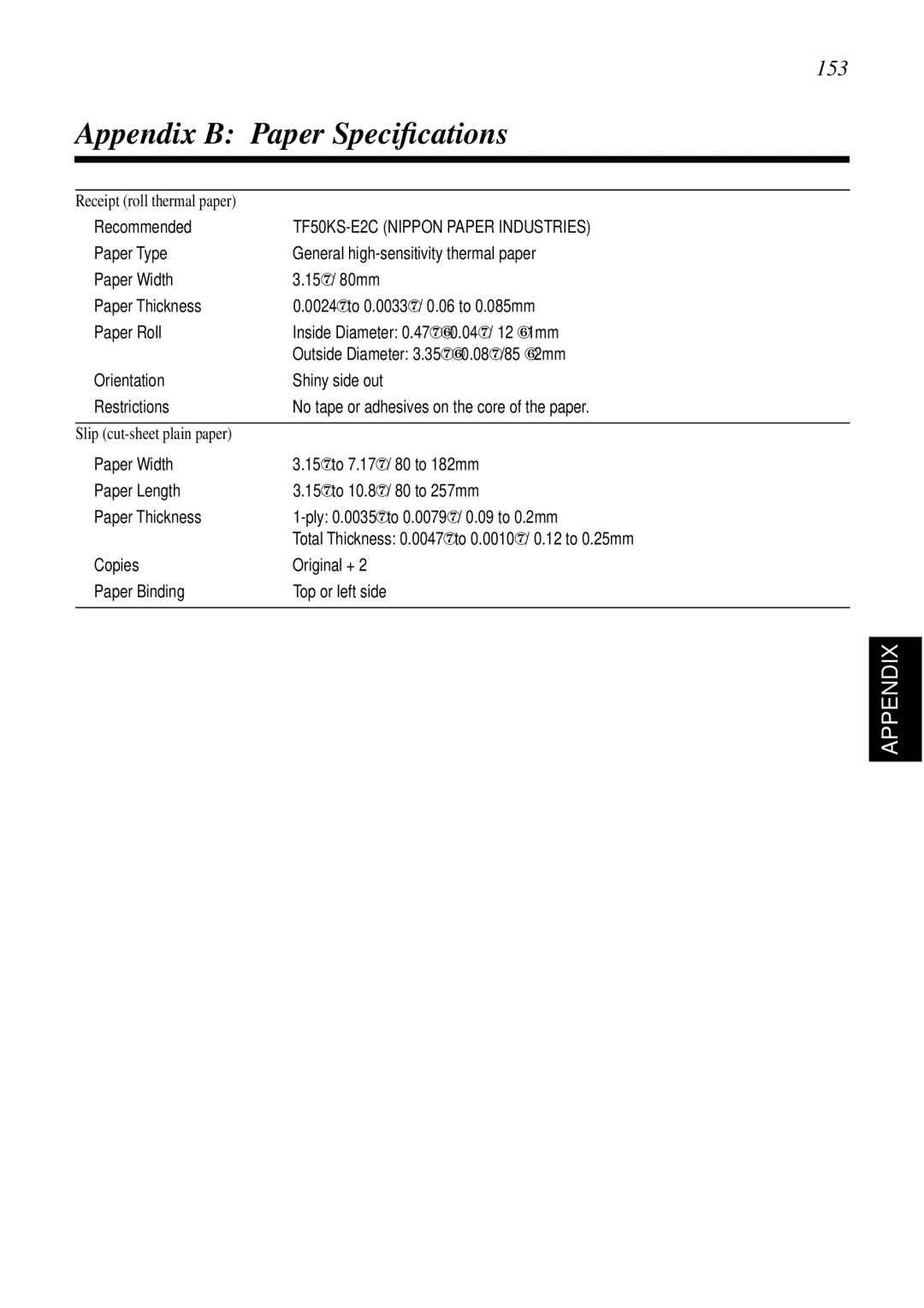 Star Micronics SCP700 user manual Appendix B Paper Speciﬁcations, 153 