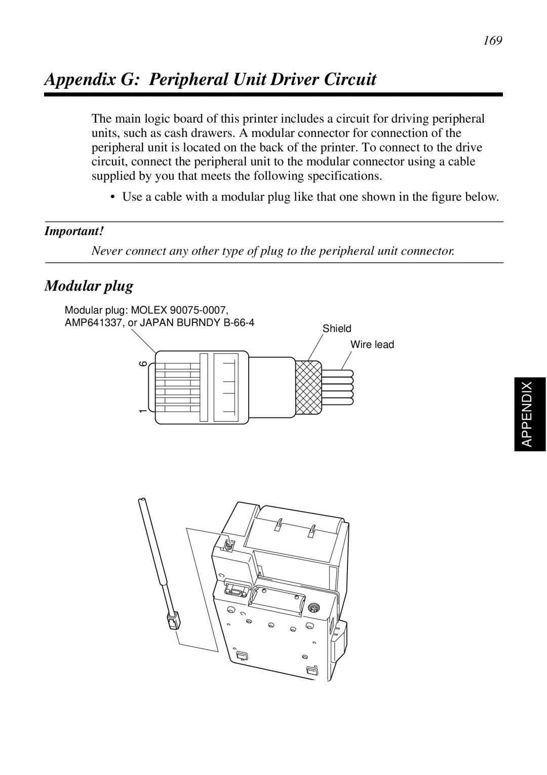 Star Micronics SCP700 user manual Appendix G Peripheral Unit Driver Circuit, Modular plug, 169 