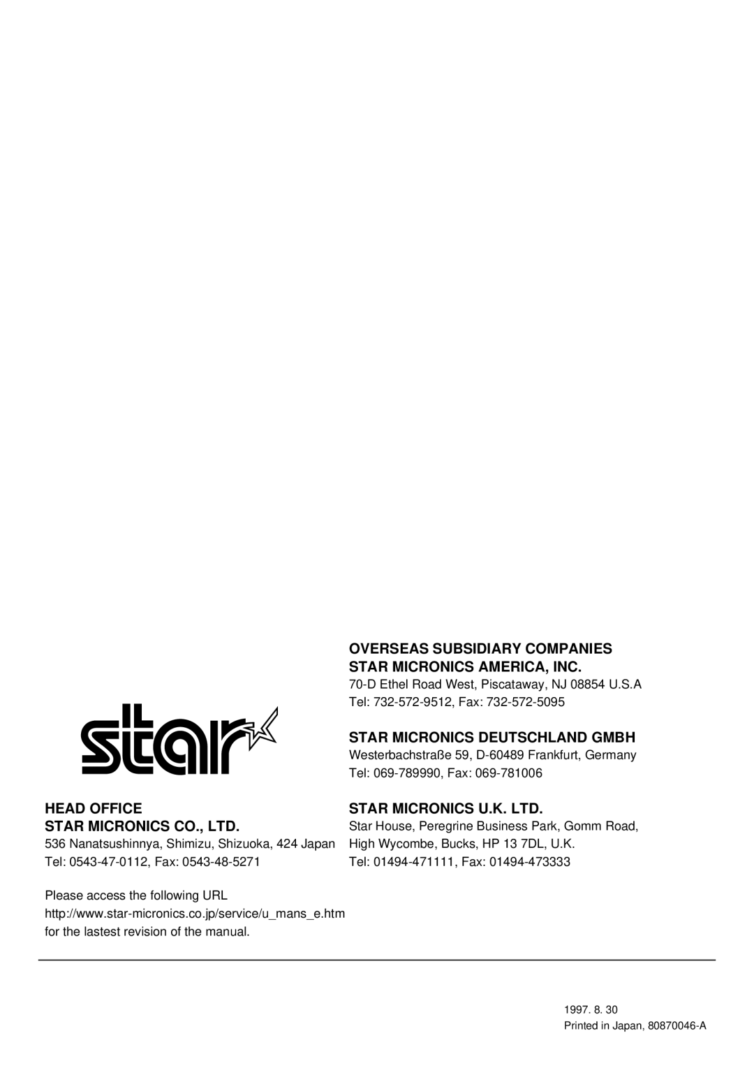 Star Micronics SCP700 user manual Overseas Subsidiary Companies 