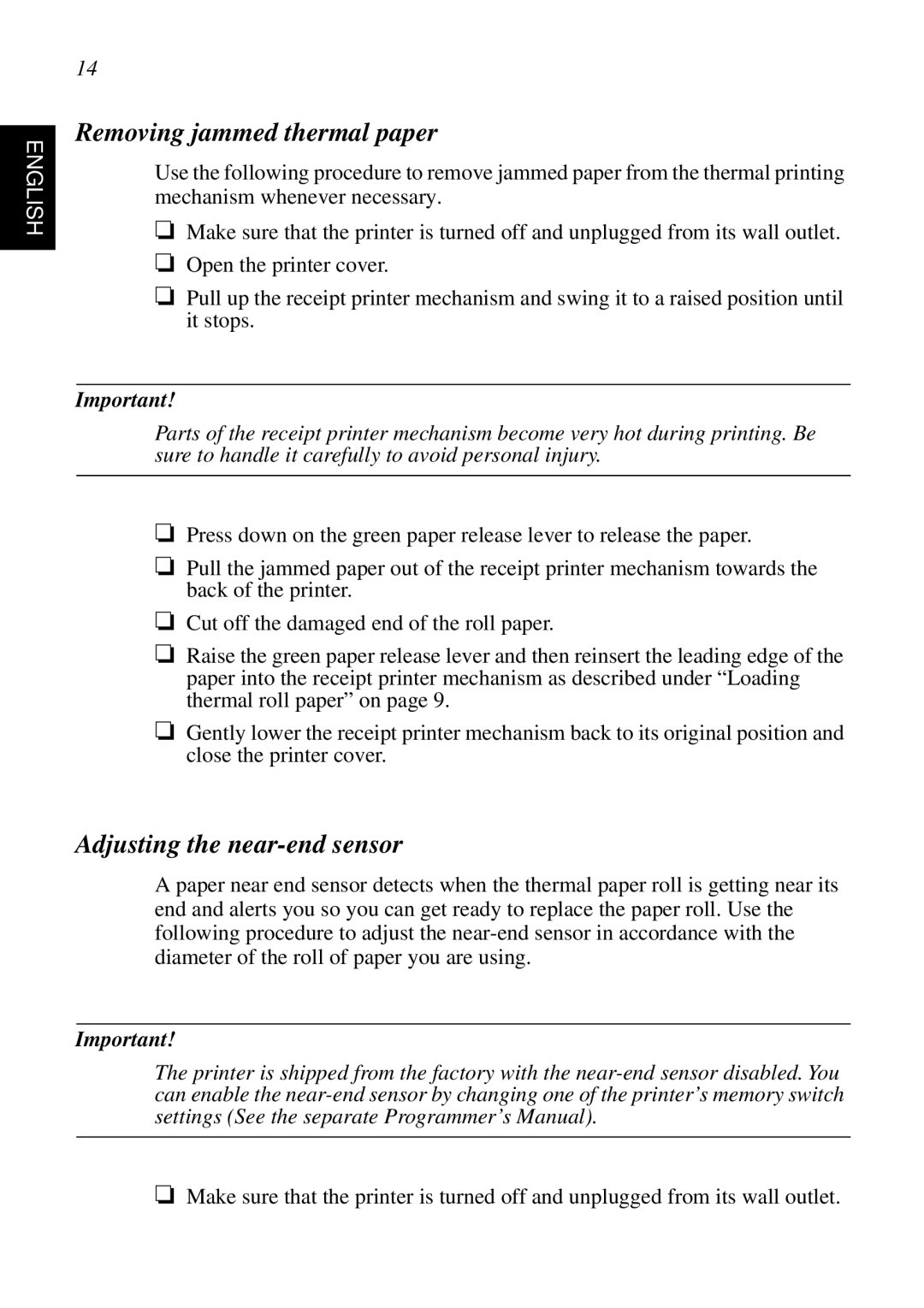 Star Micronics SCP700 user manual Removing jammed thermal paper, Adjusting the near-end sensor 