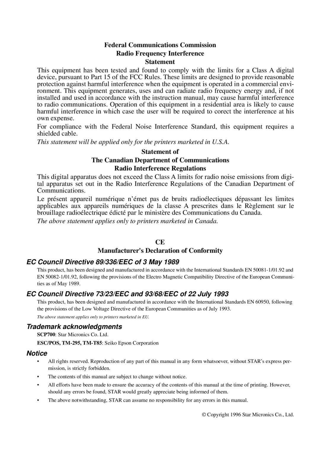 Star Micronics SCP700 user manual EC Council Directive 89/336/EEC of 3 May 