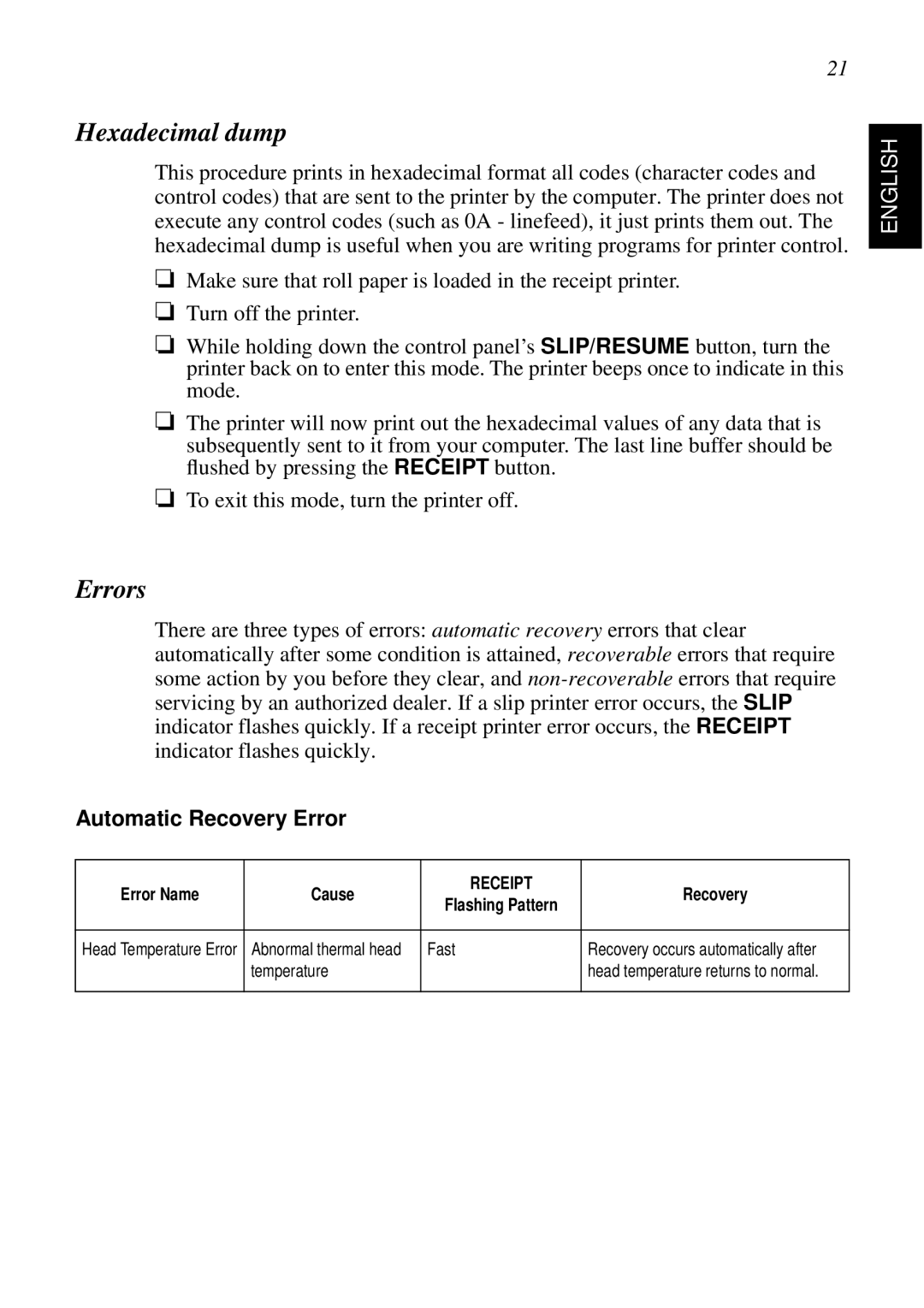 Star Micronics SCP700 user manual Hexadecimal dump, Errors, Automatic Recovery Error 