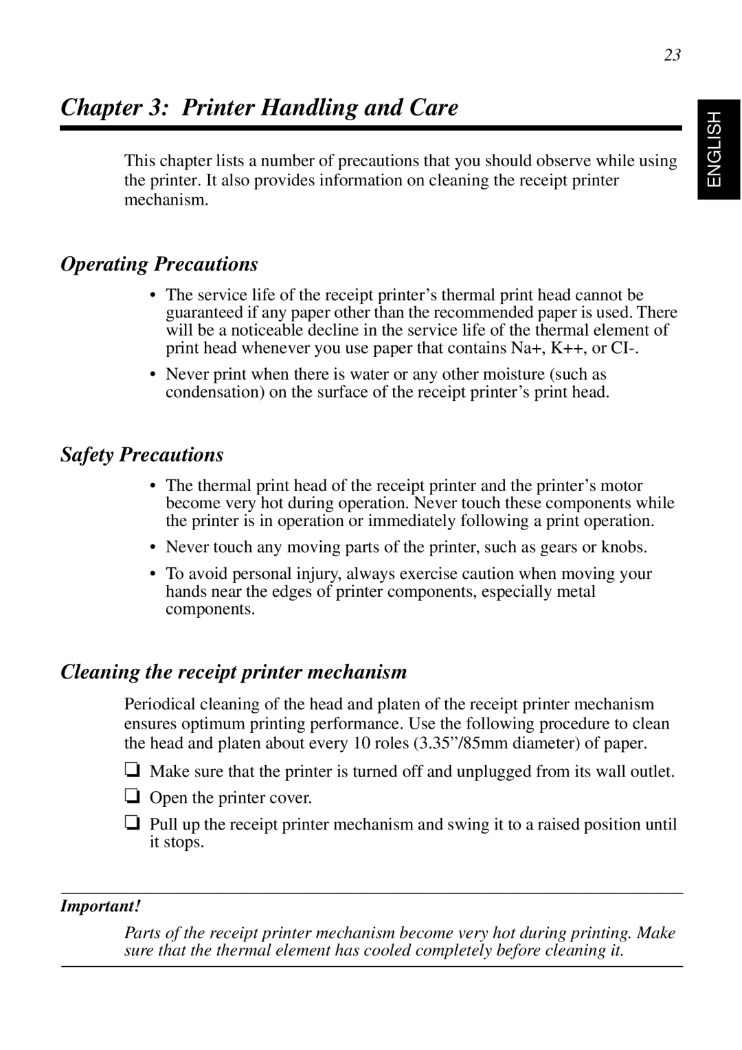 Star Micronics SCP700 user manual Printer Handling and Care, Operating Precautions, Safety Precautions 